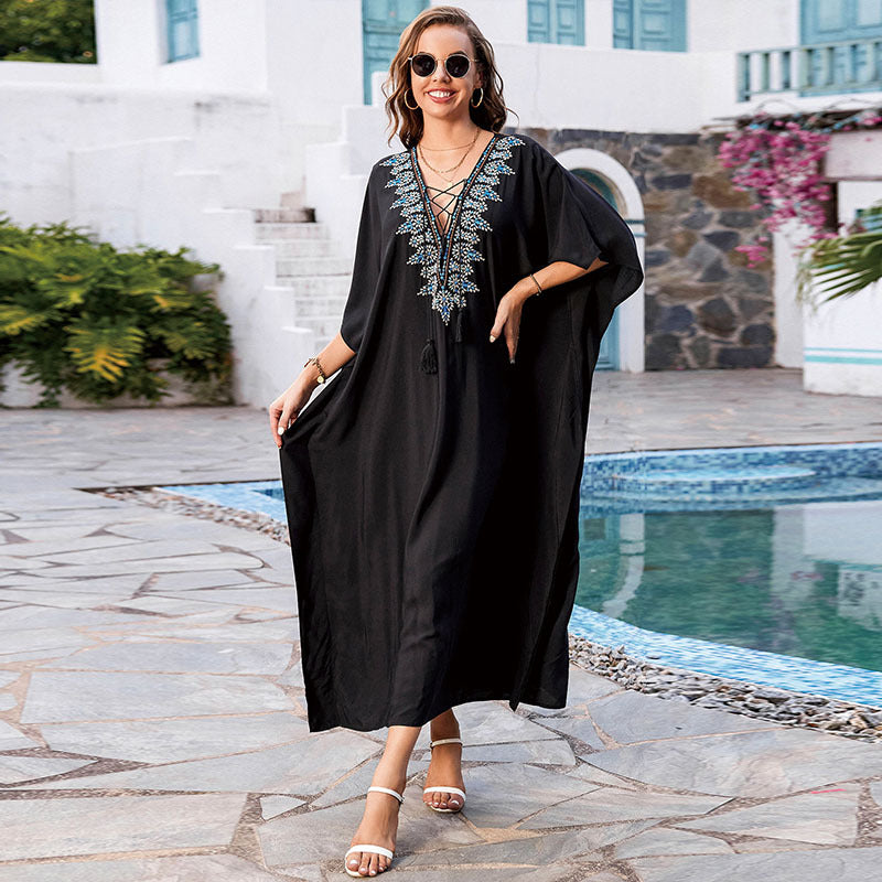 Rayon Embroidered Vacation Robe Loose Maxi Dress Women Beach Sun Protection Coat Beach Cover Up Bella Mia